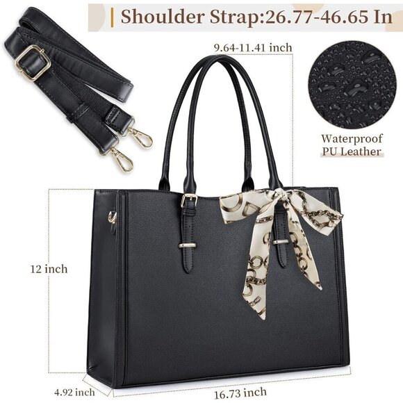Laptop Bag for Women Black Waterproof Leather Work Bag for Office & Travel - Picture 6 of 7